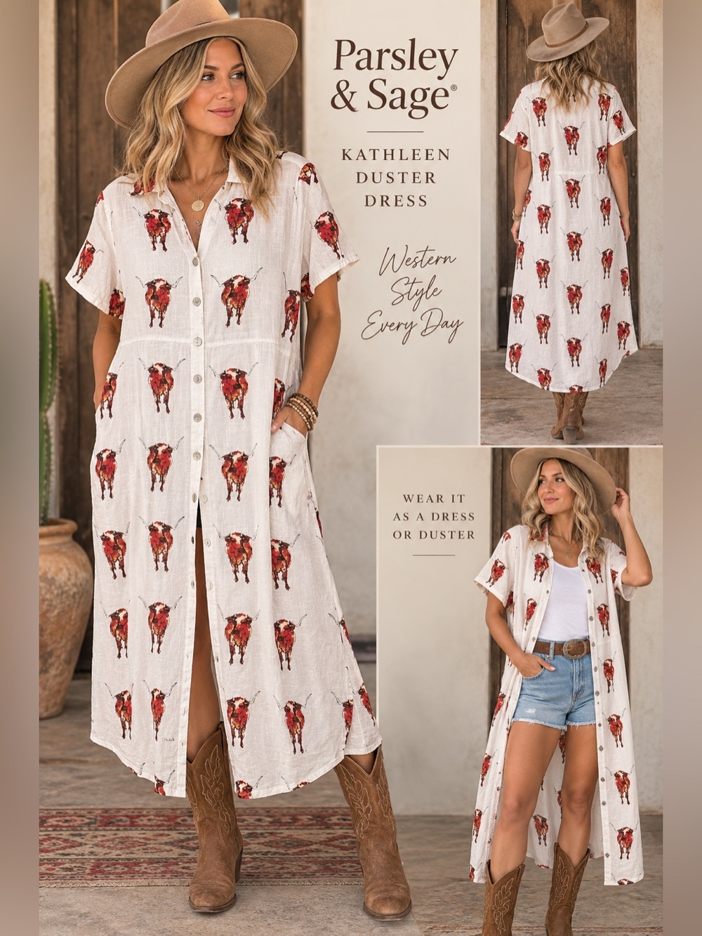 Parsley & Sage Kathleen Steer Print Cotton Duster Dress Size XL texas longhorns